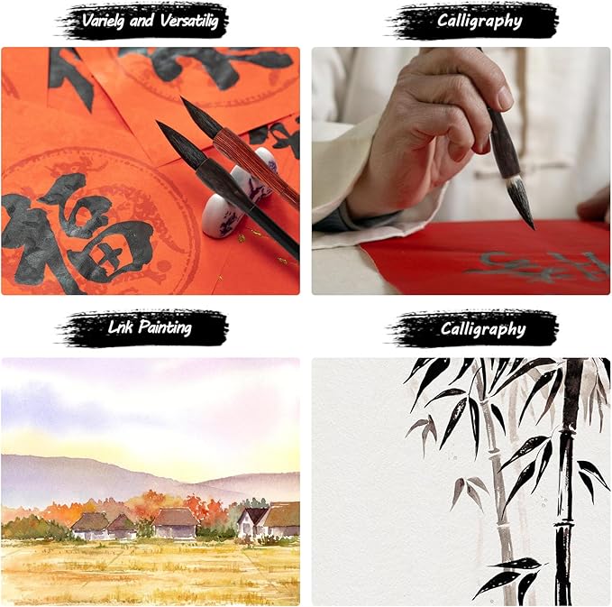 Corciosy 10PCS Chinese Calligraphy Brush Set, Writing Brush with Bamboo Storage Scoll, Japanese or Chinese Kanji Sumi-E Drawing Watercolor Brush