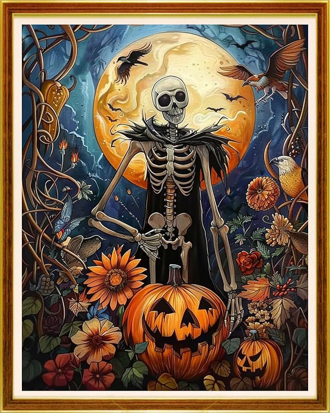 Joycasa Stamped Cross Stitch Kits for Beginners Full Range of Cross Stitching 11 CT Printed Cross Stitch Kit for Adults Cross-Stitch Patterns Needlepoint Kits- Moon Skeleton 16x20 inchs