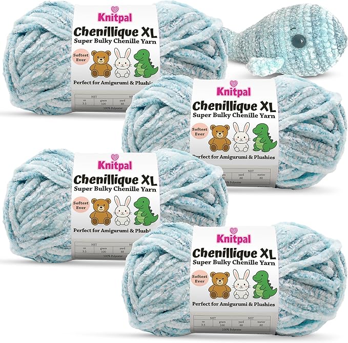Chenillique XL Plush Chenille Yarn – 4-Pack (352 Yards / 400 g) – Variegated Super Bulky Yarn for Plushies, Blankets, Amigurumi & Accessories - Ocean Mist