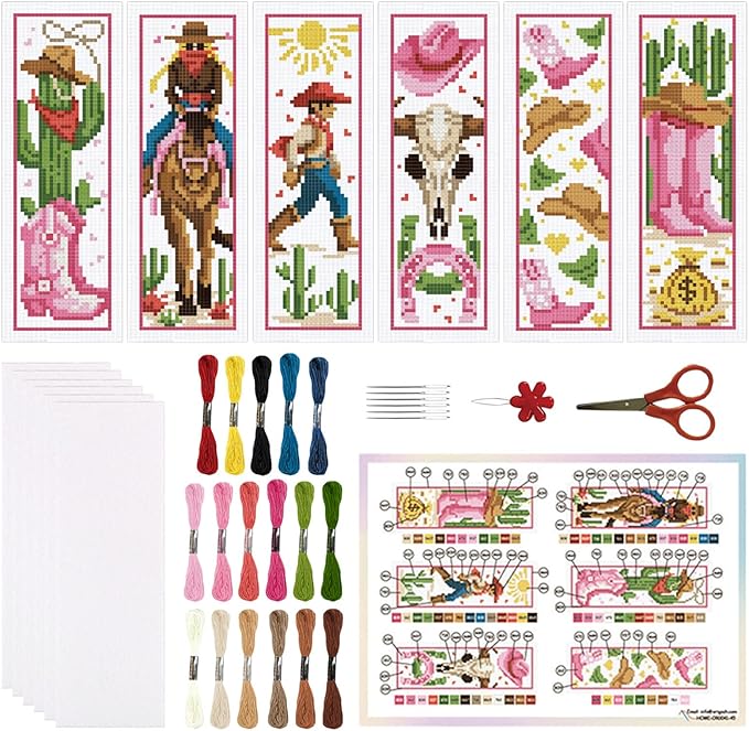 ORIGACH 6 Set Cowboy Cross Stitch Bookmark Kits for Beginner, Western-Style Cowboy Stamped Cross Stitch Kits with Instructions for Adults Bookmarks Lovers