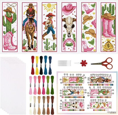 ORIGACH 6 Set Cowboy Cross Stitch Bookmark Kits for Beginner, Western-Style Cowboy Stamped Cross Stitch Kits with Instructions for Adults Bookmarks Lovers