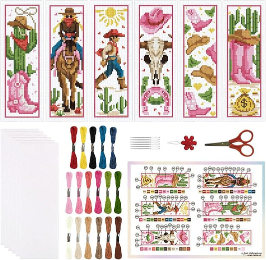 ORIGACH 6 Set Cowboy Cross Stitch Bookmark Kits for Beginner, Western-Style Cowboy Stamped Cross Stitch Kits with Instructions for Adults Bookmarks Lovers