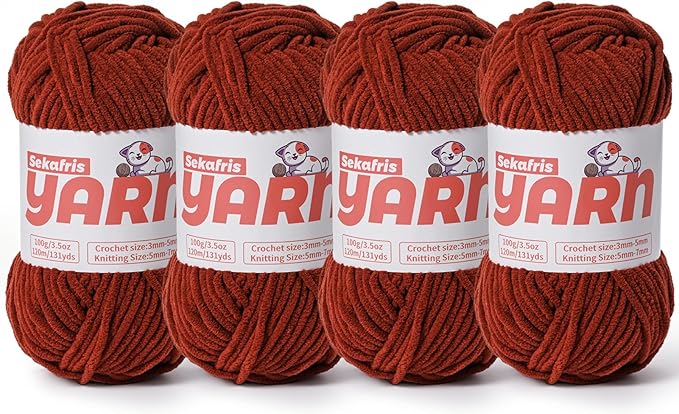 4 Pack Plush Chunky Chenille Yarn for Crocheting, Soft Fluffy Velvet Yarn for Crocheting Amigurumi, Fuzzy Baby Blanket Knitting 400g/524yds Bulky(4 Coffee)
