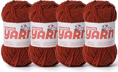 4 Pack Plush Chunky Chenille Yarn for Crocheting, Soft Fluffy Velvet Yarn for Crocheting Amigurumi, Fuzzy Baby Blanket Knitting 400g/524yds Bulky(4 Coffee)