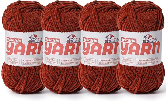 4 Pack Plush Chunky Chenille Yarn for Crocheting, Soft Fluffy Velvet Yarn for Crocheting Amigurumi, Fuzzy Baby Blanket Knitting 400g/524yds Bulky(4 Coffee)