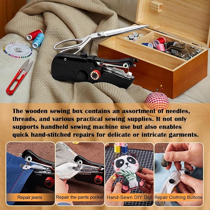 Handheld Sewing Machine with Exquisite Wooden Storage Box & 142-Piece Sewing Kit - Electric Switch, Dual Power Supply, Assorted Needles, Threads, Heavy Duty Scissors - Meets All Household Sewing Needs