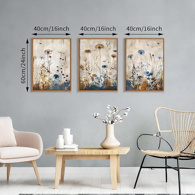 WENGTIAO 3Pcs Vintage Framed Canvas Wall Art Prints Flowers Posters Pictures Boho Brown Blue Blooms Paintings Nature Floral Botanical Artwork for Living Room Bedroom Bathroom Office 16x24x3