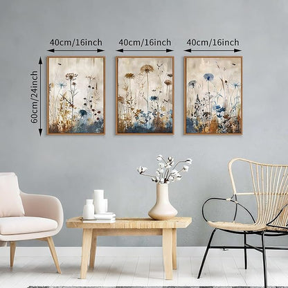 WENGTIAO 3Pcs Vintage Framed Canvas Wall Art Prints Flowers Posters Pictures Boho Brown Blue Blooms Paintings Nature Floral Botanical Artwork for Living Room Bedroom Bathroom Office 16x24x3