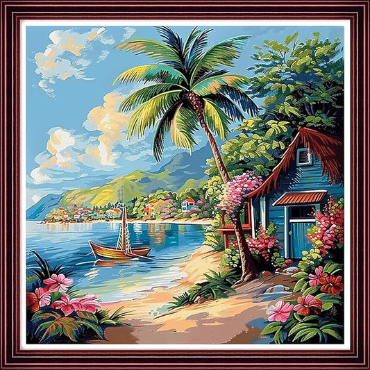 DMCCRAFT Stamped Cross Stitch Kits for Adults 11CT Printed Cross-Stitch Patterns Embroidery Kits Easy Cross Stitching Needlepoint Kits Crossstitch-Seaside Beach Scenery 18x18 inch