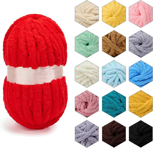 ERLYEEN Chenille Chunky Yarn Super Bulky Soft Thick Fluffy Jumbo Giant Washable Polyester Big Yarn DIY for Arm Knit Blanket Cushion Bed Sofa Home Decor,Red,0.55LB