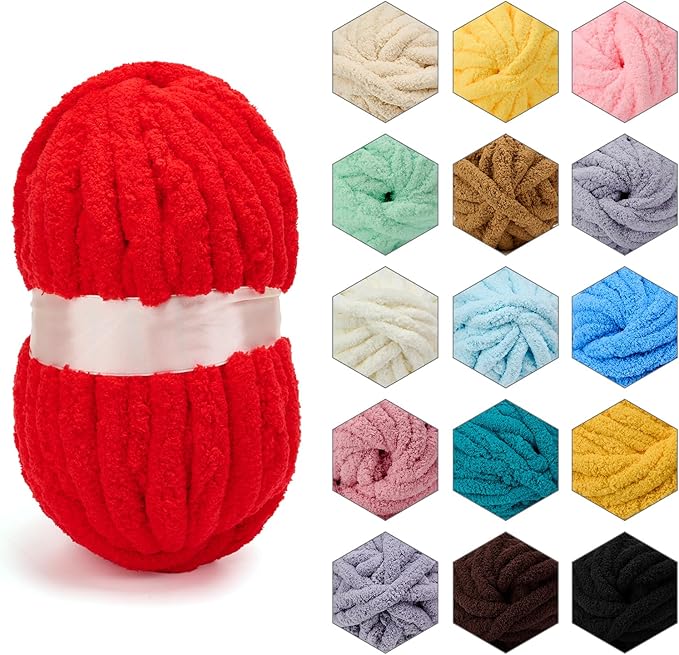 ERLYEEN Chenille Chunky Yarn Super Bulky Soft Thick Fluffy Jumbo Giant Washable Polyester Big Yarn DIY for Arm Knit Blanket Cushion Bed Sofa Home Decor,Red,4.4LB