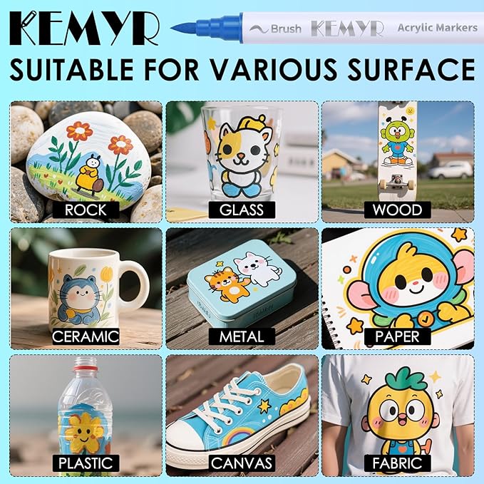 KEMYR 120 Colors Brush & Fine Tip Acrylic Paint Pens, Dual Tip Acrylic Paint Markers for Paper, Wood, Canvas, Stone, Rock, Glass, Fabric, DIY, Ceramic, Art Supplies for Adults Drawing