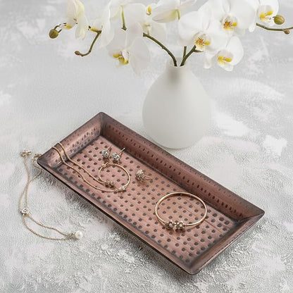Monarch Abode Decorative Tray – 12-Inch Hand Hammered Antique Copper Metal Bathroom Tray Countertop Vanity Trays Organizer, Perfume Plate for Dresser, Kitchen Countertop Small Fruit Platter, Pack of 2