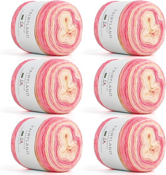 Aeelike Gradient Yarn, 6 Skeins Ombré Fairyland Yarn for Crocheting 100g (3.52 oz) 245m (267 Yards) # 3 Light Weight, Vibrant Cake Yarns for Making Colorful Blanket Scarves Hat, Pink Yellow Gradient