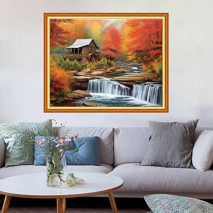 Redxing Stamped Cross Stitch Kits Embroidery kit for Beginners Adults Full Range of Embroidery Patterns Starter Kits DIY Printed Cross Stitch Kits Needlepoint Kits 11CT-Waterwheel Scenery 16x20 inch