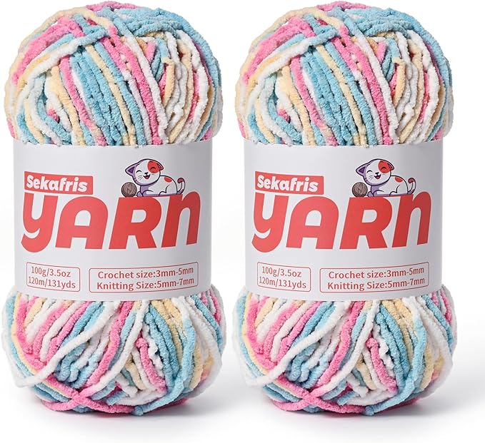 2 Pack Plush Chunky Chenille Yarn for Crocheting, Soft Fluffy Velvet Yarn for Crocheting Amigurumi, Fuzzy Baby Blanket Knitting 200g/262yds Bulky(2 Candy Color)