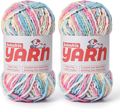 2 Pack Plush Chunky Chenille Yarn for Crocheting, Soft Fluffy Velvet Yarn for Crocheting Amigurumi, Fuzzy Baby Blanket Knitting 200g/262yds Bulky(2 Candy Color)