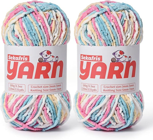 2 Pack Plush Chunky Chenille Yarn for Crocheting, Soft Fluffy Velvet Yarn for Crocheting Amigurumi, Fuzzy Baby Blanket Knitting 200g/262yds Bulky(2 Candy Color)