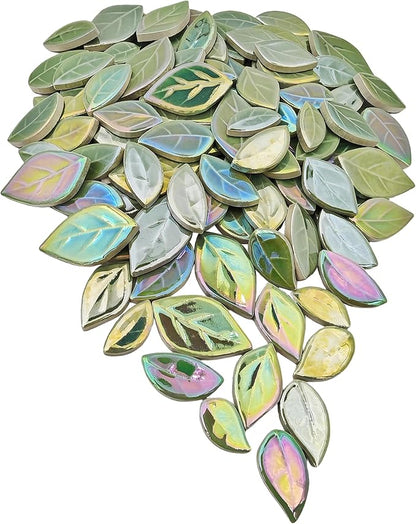 500g/1.1lb Leaf-Shaped Ceramic Mosaic Tiles,Ceramic Mosaic Pieces for Crafts,Mosaic Tiles for Home Decoration or DIY Crafts,Mosaic Making Supplies. (Iridescent Light Green)