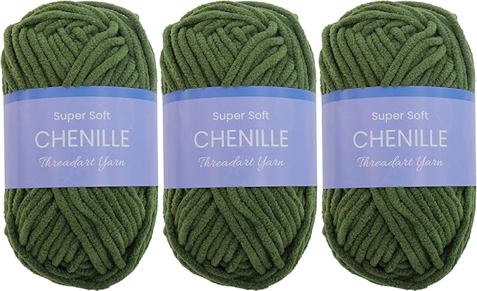 3 Pack ThreadArt Chenille Yarn for Crocheting, Knitting, Amigurumi, Super Soft Plush Velvet Yarn - 50 Gram 60 yds #5 Fluffy Yarn Skeins - Moss Green 24
