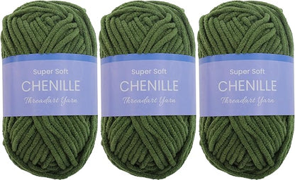 3 Pack ThreadArt Chenille Yarn for Crocheting, Knitting, Amigurumi, Super Soft Plush Velvet Yarn - 50 Gram 60 yds #5 Fluffy Yarn Skeins - Moss Green 24