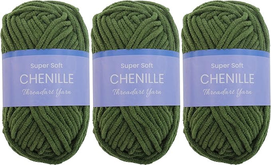 3 Pack ThreadArt Chenille Yarn for Crocheting, Knitting, Amigurumi, Super Soft Plush Velvet Yarn - 50 Gram 60 yds #5 Fluffy Yarn Skeins - Moss Green 24