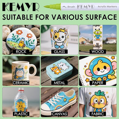 KEMYR 24 Colors Brush & Fine Tip Acrylic Paint Pens, Dual Tip Acrylic Paint Markers for Paper, Wood, Canvas, Stone, Rock, Glass, Fabric, DIY, Ceramic, Art Supplies for Adults Drawing