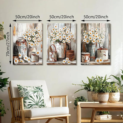 WENGTIAO 3Pcs Rustic Daisy Canvas Wall Art Fall Flower Prints Posters Vintage Country Flora Paintings Pictures Nature Botanical Artwork for Bedroom Living Room Bathroom 20x28x3
