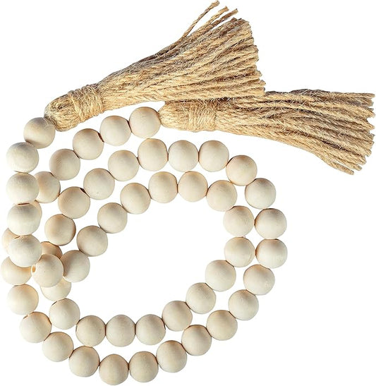 Decorative Wood Bead Garland Home Decor, Farmhouse Garland Beads with Tassel, Wooden Tier Tray Rustic Prayer Boho, Wooden Farmhouse Decor Boho Tassel