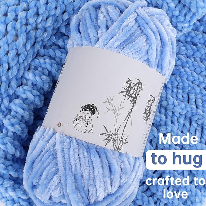 Velvet Chenille Yarn Pack – 6 Skeins × 100g Super Bulky (CYC #6) – Soft Velvet Chunky for Crocheting & Knitting, Fluffy Chenille Yarn for Blankets, Scarves & Crafts (Aqua Blue)