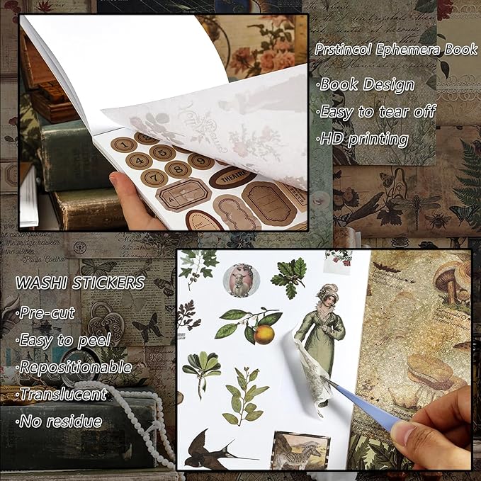 Prstincol Vintage Aesthetic Washi Stickers and Papers for Scrapbooking, 40 Sheets Ephemera Book for Art Journaling with Nature Forest Theme Stickers and Decoupage Papers for Junk Journal