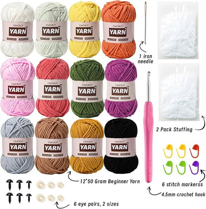 12 Pack Chenille Velvet Yarn - Baby Yarn for Crocheting Soft - Amigurumi Yarn Set with 600g(787yd) Crochet Yarn Crochet Hook、Stitch Markers、Fluffy Stuffing、Accessories C
