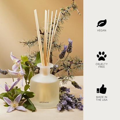 Apotheke Luxury Scented Reed Diffuser for Home, Hinoki Lavender - 6.7 Fl Oz Essential Oil Aromatherapy - 10 Rattan Scent Sticks Room Diffuser - Long-Lasting Fragrance for Bedroom, Home, Bathroom