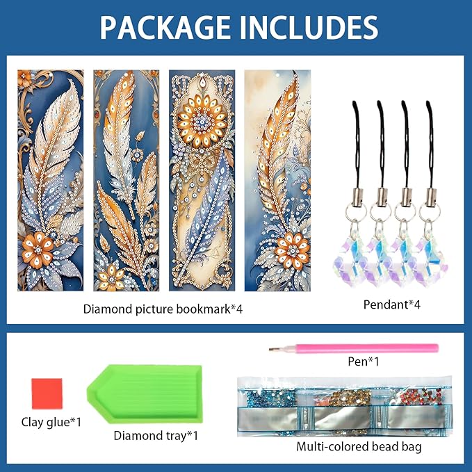 4-Pack 5D Diamond Painting Bookmarks Kit, DIY Diamond Art Bookmarks with Rhinestones and Tassels, Bohemian Unique Flower and Feather Designs, Handmade Bookmark Set for Adults, Gift for Book Lovers