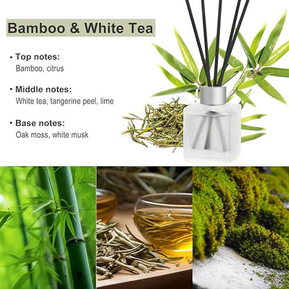 Aeeteek Reed Diffuser, Bamboo & White Tea Essential Oil with Diffuser Sticks for Room Decor, 3.4 fl oz(100ml) Long Lasting Scent Air Freshener, Home Fragrance for Bathroom Decoration (2 Pack)