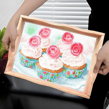 FGbaby DIY 5D Cake Diamond Painting Wood Serving Tray with Handles Diamond Art Decorative Serving Trays Wooden Tray for Breakfast in Bed, Patio, BBQ, Coffee Table, Party –Great for Lap & Couch