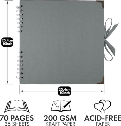 Bstorify 10 x 10 Inches Scrapbook Album 70 Pages Grey Thick Kraft Paper Corner Protectors, Ribbon Closure - Ideal for Your Scrapbooking, Art & Craft Projects (Grey, 10 x 10 Inch)