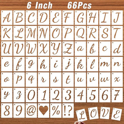 DZXCYZ 6 Inch Letter Stencils Kits, 66 Pcs Calligraphy Alphabet and Number Stencil for Painting on Wood, Reusable Plastic Art Craft Cursive Lettering Template Upper and Lower case