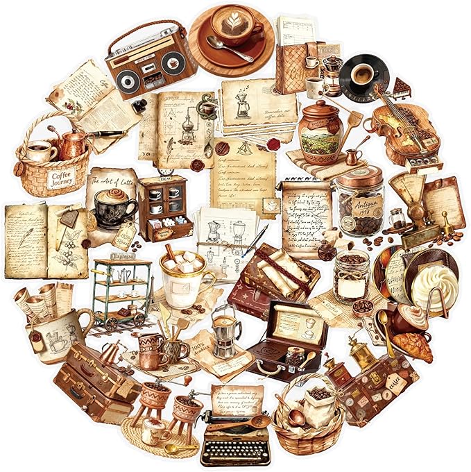 50Pcs Vintage Coffee Stickers for Scrapbooking, Journal, Photo Album, Kindle, Laptop, Refrigerators, Suitcase, Waterproof PET Transparent Aesthetic Decals