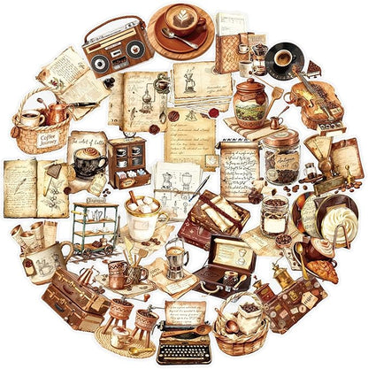50Pcs Vintage Coffee Stickers for Scrapbooking, Journal, Photo Album, Kindle, Laptop, Refrigerators, Suitcase, Waterproof PET Transparent Aesthetic Decals
