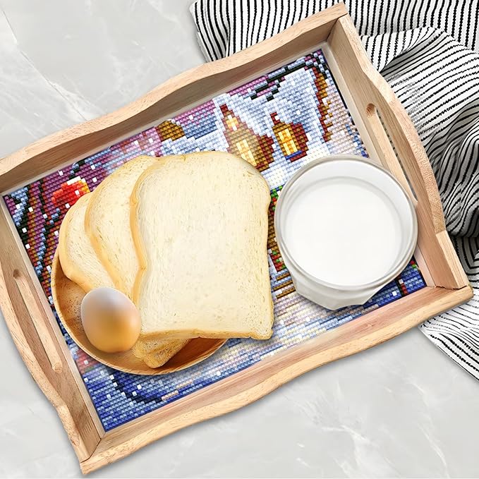 FGbaby DIY 5D Snowman House Diamond Painting Wood Serving Tray with Handles - Diamond Art Decor for Breakfast, Patio, BBQ, Coffee Table, Party