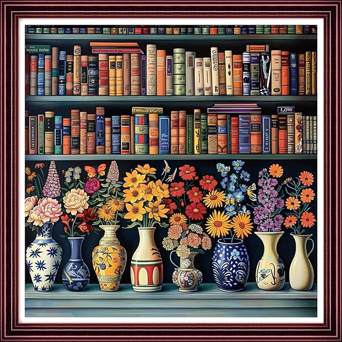 DMCCRAFT Stamped Cross Stitch Kits for Adults 11CT Printed Cross-Stitch Patterns Embroidery Kits Easy Cross Stitching Needlepoint Kits Crossstitch-Bookshelf Flower Vase 18x18 inch