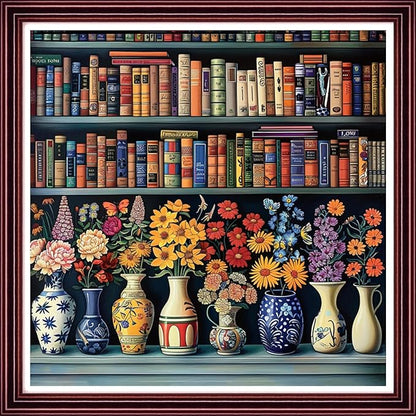 DMCCRAFT Stamped Cross Stitch Kits for Adults 11CT Printed Cross-Stitch Patterns Embroidery Kits Easy Cross Stitching Needlepoint Kits Crossstitch-Bookshelf Flower Vase 18x18 inch