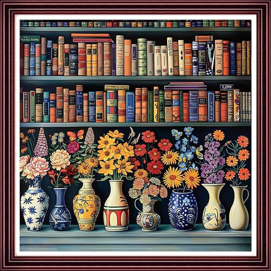 DMCCRAFT Stamped Cross Stitch Kits for Adults 11CT Printed Cross-Stitch Patterns Embroidery Kits Easy Cross Stitching Needlepoint Kits Crossstitch-Bookshelf Flower Vase 18x18 inch