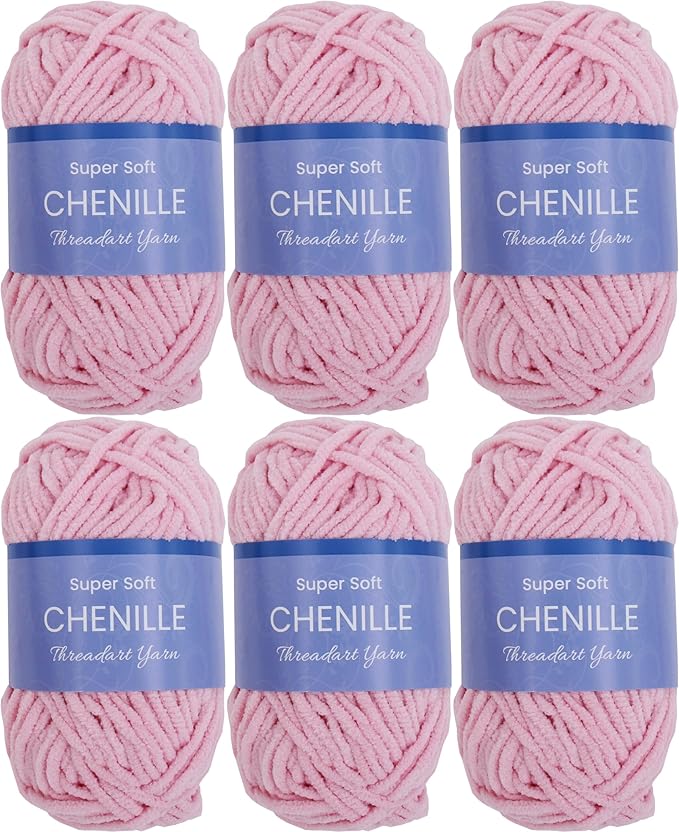 6 Pack ThreadArt Chenille Yarn for Crocheting, Knitting, Amigurumi, Super Soft Plush Velvet Yarn - 50 Gram 60 yds #5 Fluffy Yarn Skeins - Light Pink 28