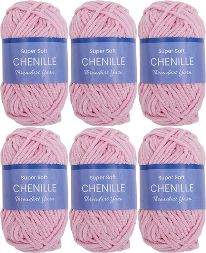 6 Pack ThreadArt Chenille Yarn for Crocheting, Knitting, Amigurumi, Super Soft Plush Velvet Yarn - 50 Gram 60 yds #5 Fluffy Yarn Skeins - Light Pink 28