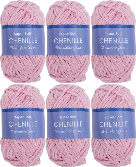 6 Pack ThreadArt Chenille Yarn for Crocheting, Knitting, Amigurumi, Super Soft Plush Velvet Yarn - 50 Gram 60 yds #5 Fluffy Yarn Skeins - Light Pink 28