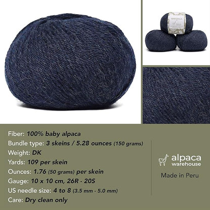100% Baby Alpaca Yarn Wool Set of 3 Skeins (150 Grams) DK Weight - Made in Peru - Heavenly Soft and Perfect for Knitting and Crocheting (Blue Jean, DK)
