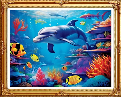 DMCVIVR Stamped Cross Stitch Kits for Beginners Adults Needlepoint Kits for Beginners Embroidery Kits for Adults Crossstitch Kit for Beginners 11CT-Dolphin Underwater World 16x20 inch