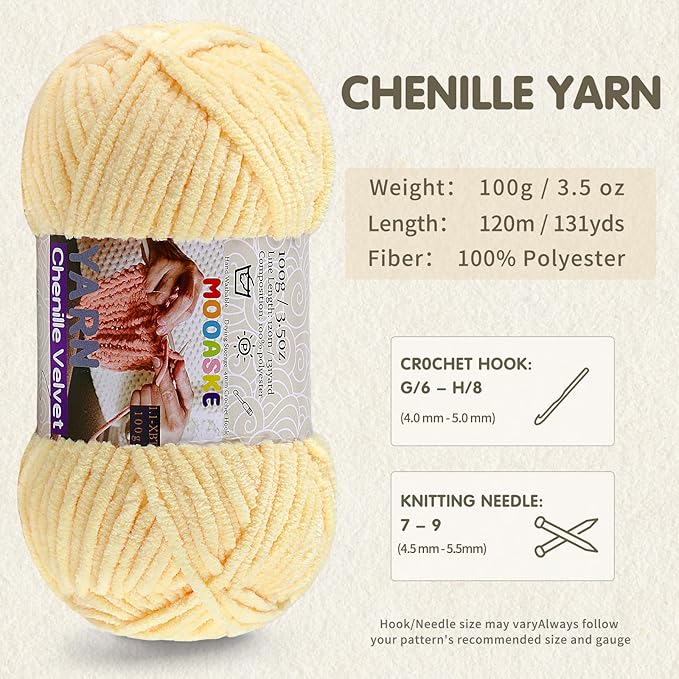 Chunky Yarn for Crocheting and Knitting - Easy to Use Plush Chenille Super Bulky Yarn 100g/131yds - Ultra Soft Velvet Baby Blanket Yarn for Beginners & Amigurumi Projects, Light Lavender